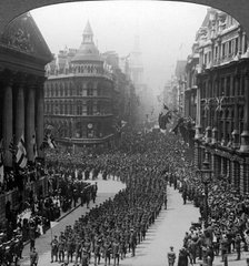 Victory march of London's regiments, saluting the Lord Mayor, 1918.Artist: Realistic Travels Publishers