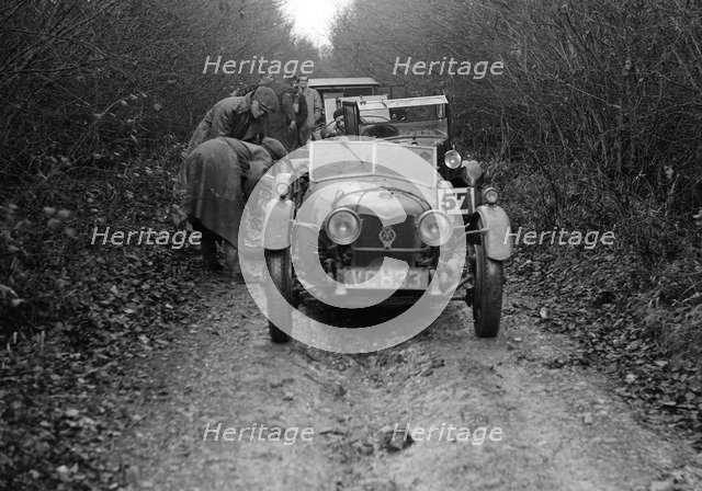 Riley Brooklands 2-seater sports of JE Lancaster taking part in the Inter-Varsity Trial, 1930. Artist: Bill Brunell.