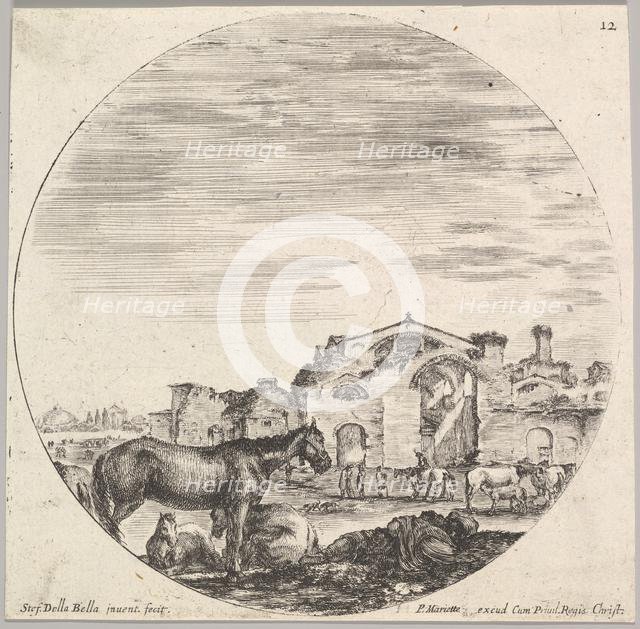 Plate 12: a shepherd sleeping on the ground to right, three horses to left, other h..., ca. 1643-48. Creator: Stefano della Bella.