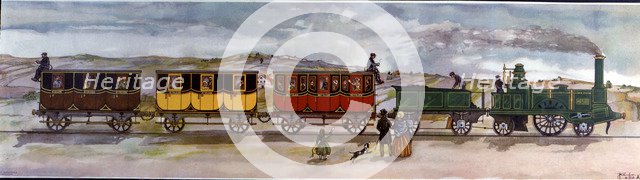 Coloured drawing of the train between Barcelona and Mataró, the first train to circulate in Spain…