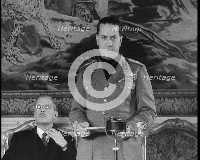 Galeazzo Ciano, Italian Foreign Minister Giving a Speech with Kurt Schuschnigg, Austrian..., 1930s. Creator: British Pathe Ltd.