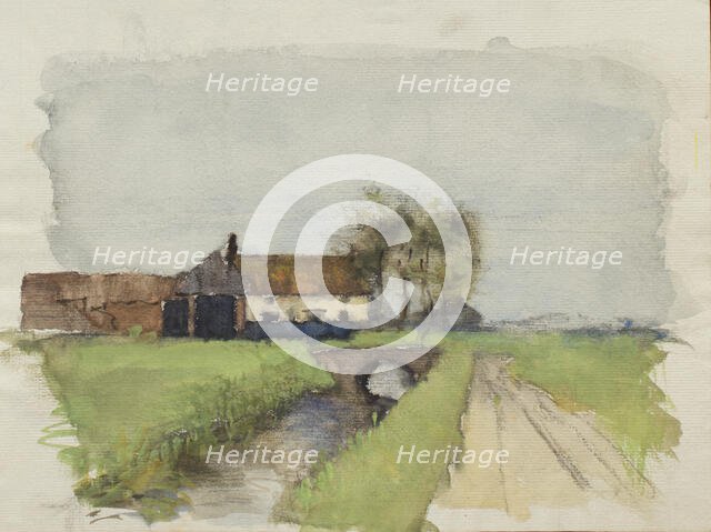 Study of farmbuildings with a bridge over a stream, probably mid-1880s. Creator: George Clausen.