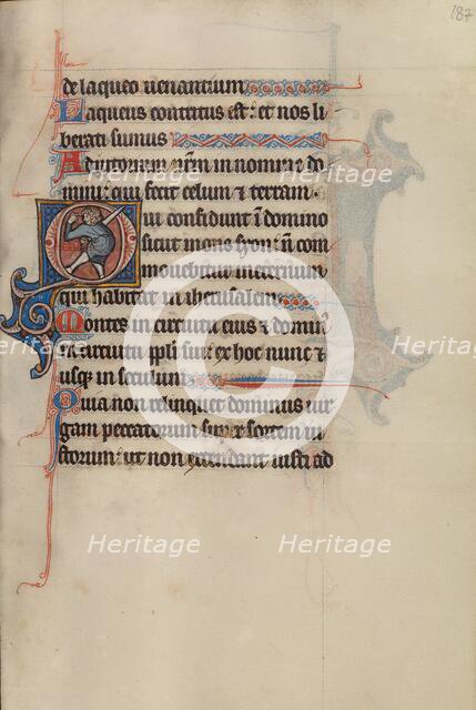 Initial O: A Man Holding a Sword and Pointing to His Eyes; Bute Psalter, about 1285. Creator: Bute Master.