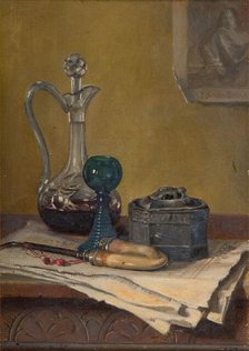 Still Life Of Newspaper, Pipe, Decanter And Jar, 1887. Creator: Claude Pratt.