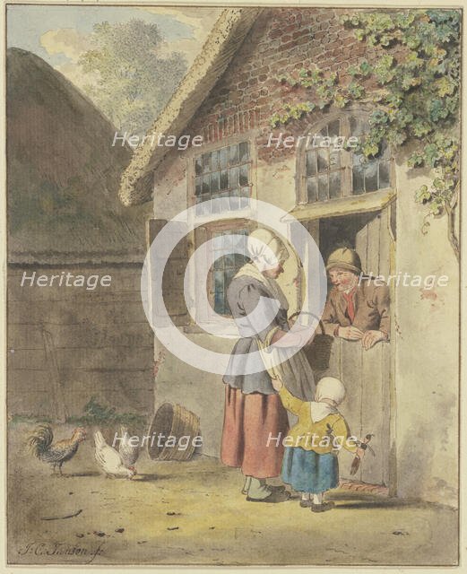 A man speaks at a front door with a woman who is being held by the apron by a child. Creator: Johannes Christiaan Janson.