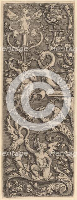 Ornament with a Cupid, a Satyr, and Grotesque Figures. Creator: Master of the Horse Heads.