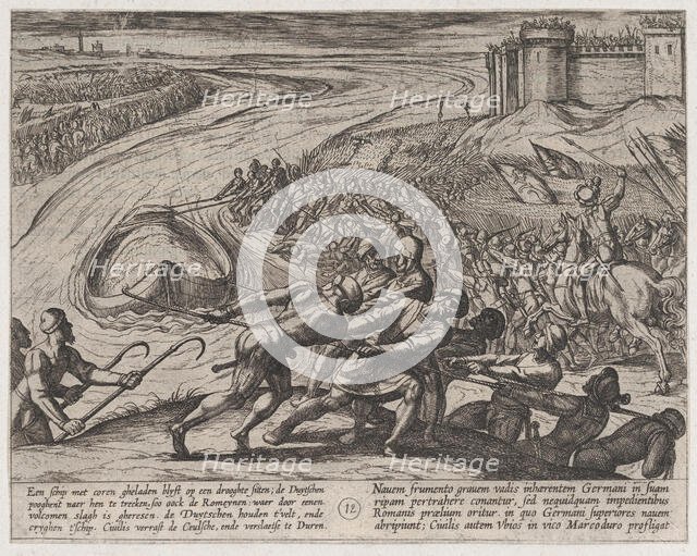 Plate 12: Pulling a Vessel Loaded with Grain to Shore, from The War of the Romans Against ..., 1611. Creator: Antonio Tempesta.