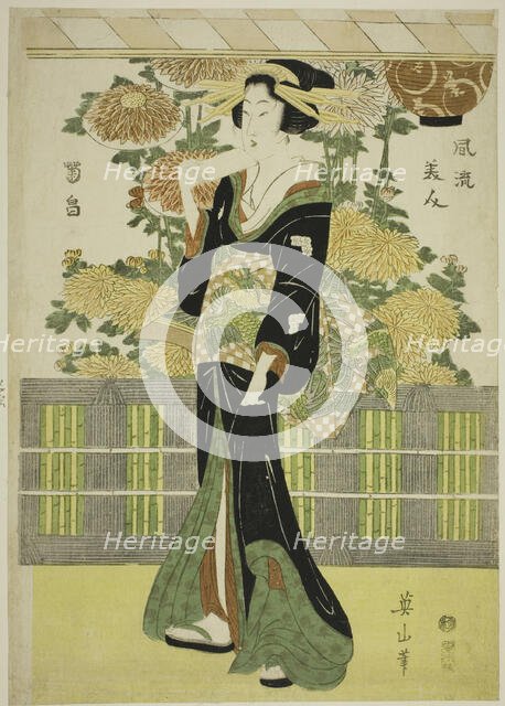 Fashionable Beauties in a Chrysanthemum Garden (Furyu bijin kikubatake), Japan, c. 1810. Creator: Kikukawa Eizan.