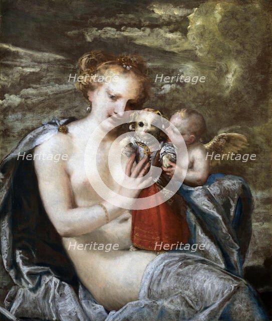 Venus, Cupid and little dog dressed as a child. Creator: Liberi, Pietro (1605-1687).