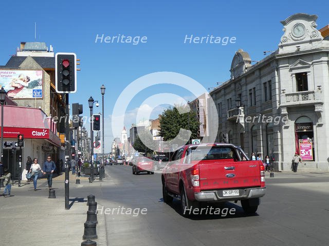 Traffic lights at road intersection in Chile 2019. Creator: Unknown.