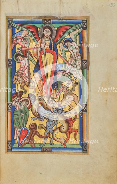 Saint Michael Battling the Dragon; Stammheim Missal, probably 1170s. Creator: Unknown.