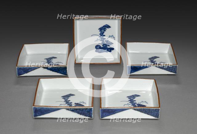 Set of Square Dishes with Rock and Tree Design: Arita Ware, 1700s. Creator: Unknown.