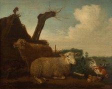 Dutch landscape with sheep, ram, goat, and poulty in front of a hut, 1658. Creator: Unknown.
