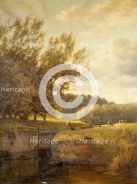 Wooded Landscape with Boy Fishing in a Lock, 1931. Creator: Henry Cheadle.