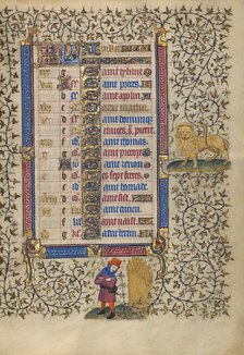 Calendar Page for July: Harvesting Wheat: Leo; Book of Hours, about 1410. Creator: Unknown.