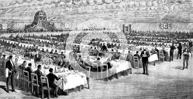The Forth Bridge: Luncheon in the Model Room, 1890. Creator: P Naumann.