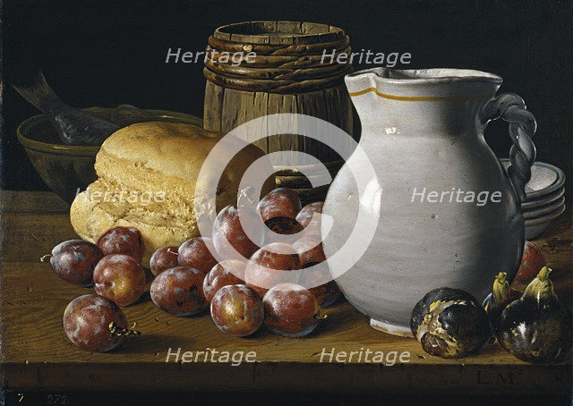 Still life with plums, figs, bread and jug, Second Half of the 18th century. Artist: Meléndez, Luis Egidio (1716-1780)