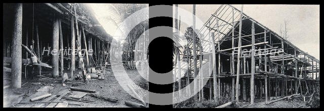 Sarawak: the supporting poles of a Kayan tribal house and a Sea Dayak house under construction. Creator: Unknown.