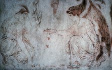 Roman painting on marble of ladies playing knucklebones. Creator: Unknown.
