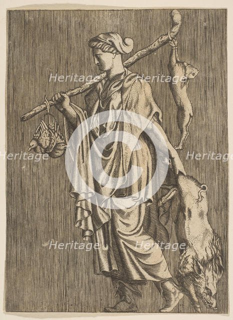 Woman returning from a hunt carrying a boar in her left hand and a stick on her r..., ca. 1515-1600. Creator: Unknown.