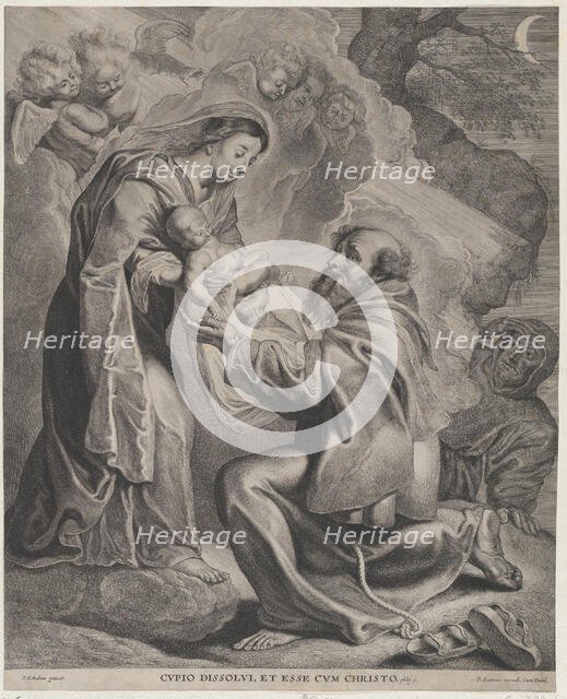 The Vision of Saint Francis, kneeling at right, receiving the Christ child from the Virgin..., 1650. Creator: Cornelis de Visscher.