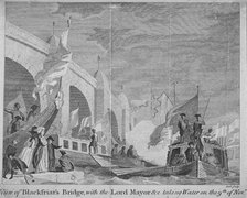 Lord Mayor's procession passing under Blackfriars Bridge, London, 1770. Artist: Thomas Cook