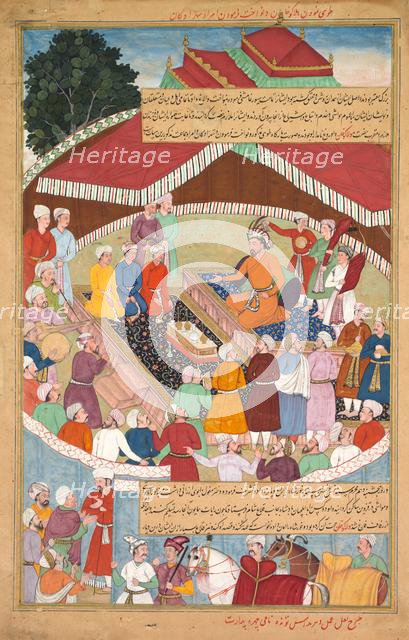 Hulagu Khan giving a feast and dispensing favor upon the amirs and princes..., c. 1596-1600. Creator: Lal (Indian, active c. 1555-1600); Dharam Das (Indian, active c. 1580-1605); Padarath (Indian, active late 1500s).