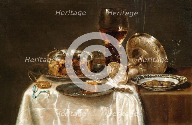 Olives in a blue and white porcelain bowl, a roemer, wine glasses, an overturned silver..., 1650s. Creator: Heda, Willem Claesz (1594-1680).