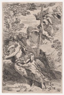 Mary Magdalene in the desert, a cross borne by angels at the right, ca. 1630. Creator: Pietro Testa.