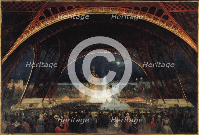 Night fete at the Universal Exhibition of 1889, under the Eiffel Tower, c1889. Creator: Alexandre-Georges Roux.