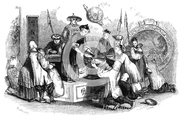 'Giving out corn to the people, during a season of scarcity, 1847'. Artist: Evans