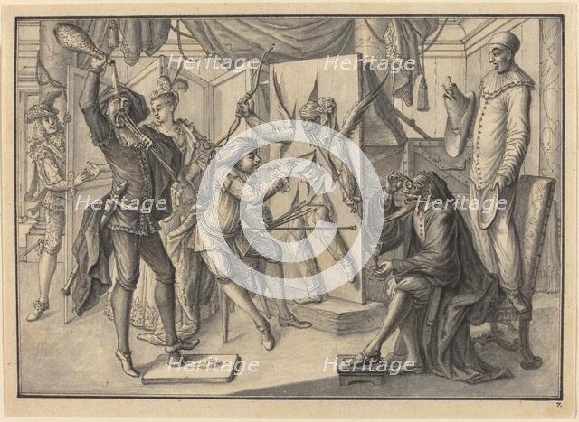 Mezzetin "Paints" a Portrait of Cupid by Cutting the Canvas to Reveal Harlequin, c. 1729. Creator: Johann Jakob Schübler.