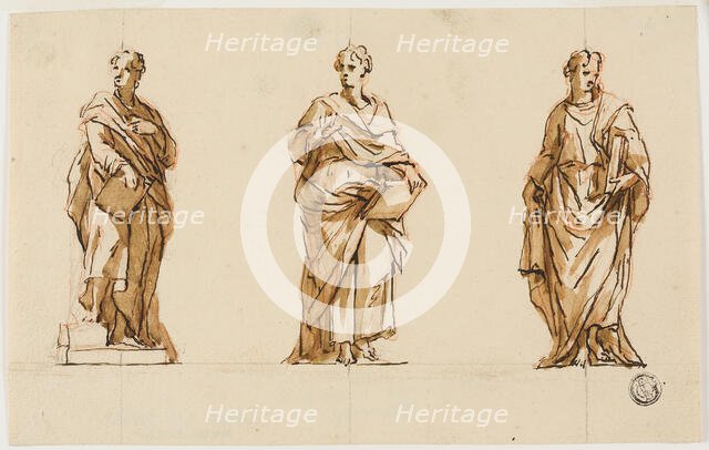Three Studies for Statue of John Locke, c. 1754. Creators: John Michael Rysbrack, Sir James Thornhill.