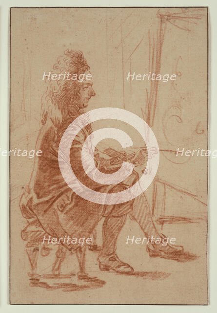 A Bewigged Painter (Possibly Claude Audran), Seated at his Easel, Seen in Profile, c. 1709. Creator: Jean-Antoine Watteau.