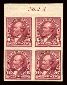 6c James A. Garfield proof plate block of four, February 22, 1890. Creator: American Bank Note Company.