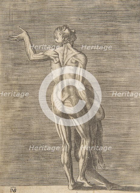 Flayed man with left hand on hip, holding skin in right hand, ca. 1531-76. Creator: Giulio Bonasone.