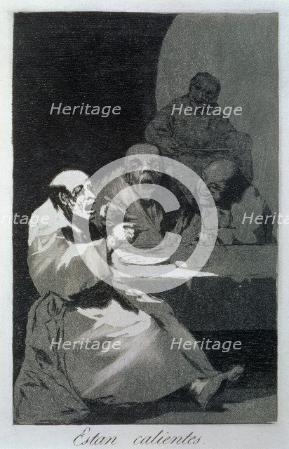 Los Caprichos, series of etchings by Francisco de Goya (1746-1828), plate 13: 'Están calientes' (…