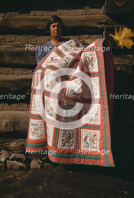 Mrs. Bill Stagg with state quilt which she made, Pie Town, New Mexico, 1940. Creator: Russell Lee.