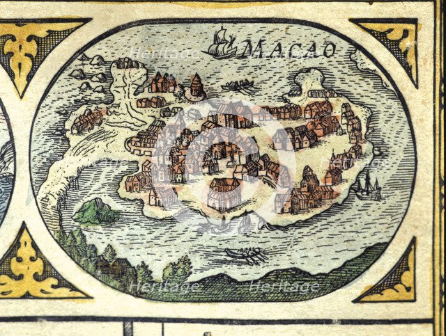 Macao, colored engraving from the book 'Le Theatre du monde' or 'Nouvel Atlas', 1645, created, pr…