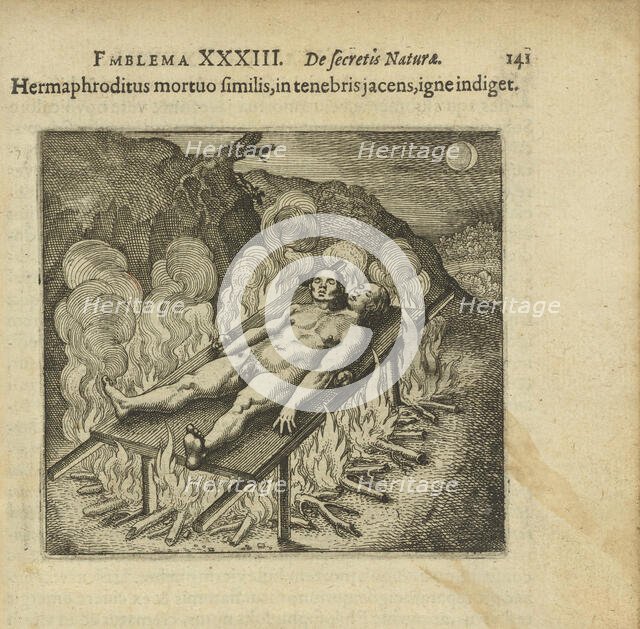 Emblem 33. The hermaphrodite, lying like a dead person in darkness, needs fire, 1816. Creator: Merian, Matthäus, the Elder (1593-1650).