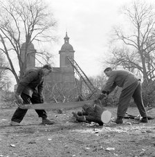 Trees being felled in front of the Sofia Albertina Church, Landskrona, Sweden, 1960. Artist: Unknown