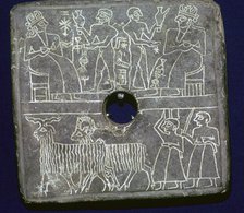 Sumerian stone plaque showing ritual offerings to a King. Artist: Unknown