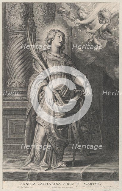 Saint Catherine holding palm leaves and a sword, two putti overhead holding a laure..., ca. 1625-59. Creator: Boetius Adams Bolswert.