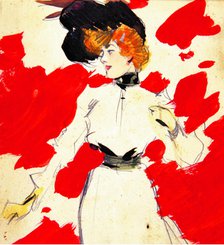  'Lady with hat and red spots at background', by Ramon Casas.