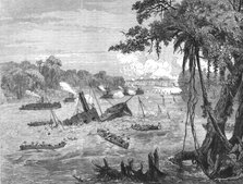 'Naval Warfare in Paraguay, destruction of a Brazilian gunboat by a torpedo; A visit to..., 1875. Creator: Unknown.