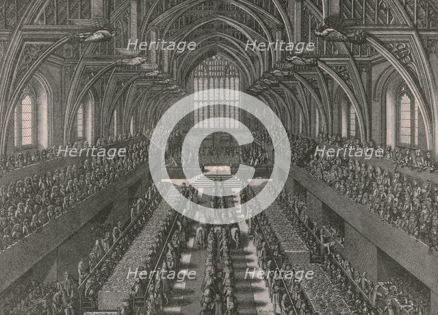 The banquet in the Great Hall at the Palace of Westminster...coronation of James II in 1685, (1902). Creator: Unknown.