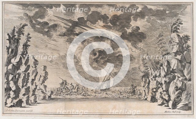 A shore framed by rocks, with Neptune in his chariot on the left and Salacia in hers on th..., 1668. Creator: Mathäus Küsel.