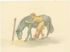 A medieval groom brushing a horse, 2004. Creator: Judith Dobie.
