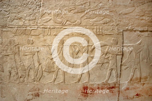 Carrying the fishing, polychrome relief, Mastaba of Kagemni, Saqqara, Egypt, Old Kingdom (2003). Creator: Unknown.