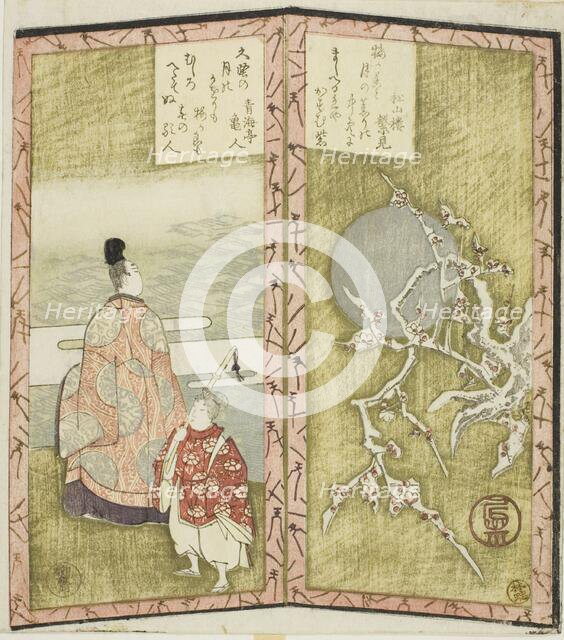 Plum blossoms and poet, from an untitled hexaptych depicting a pair of folding screens, c. 1825. Creator: Shinsai.